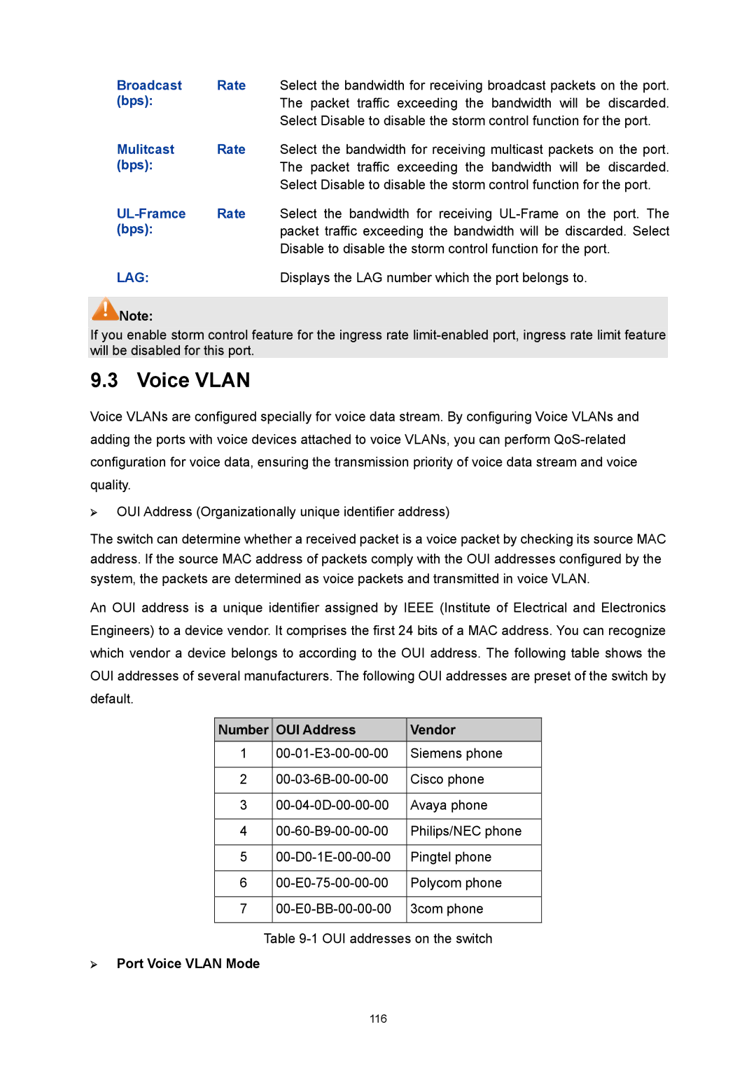 TP-Link TL-SG3216 manual Voice Vlan, Broadcast Rate, Bps, Mulitcast Rate, UL-Framce Rate 