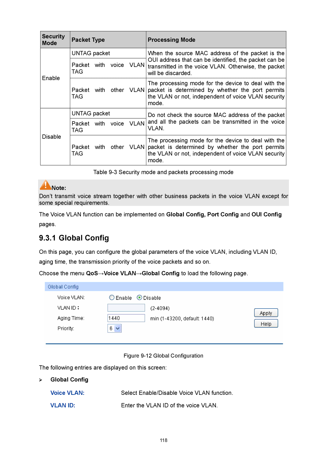 TP-Link TL-SG3216 manual Global Config, Security Packet Type Processing Mode, Enter the Vlan ID of the voice Vlan 