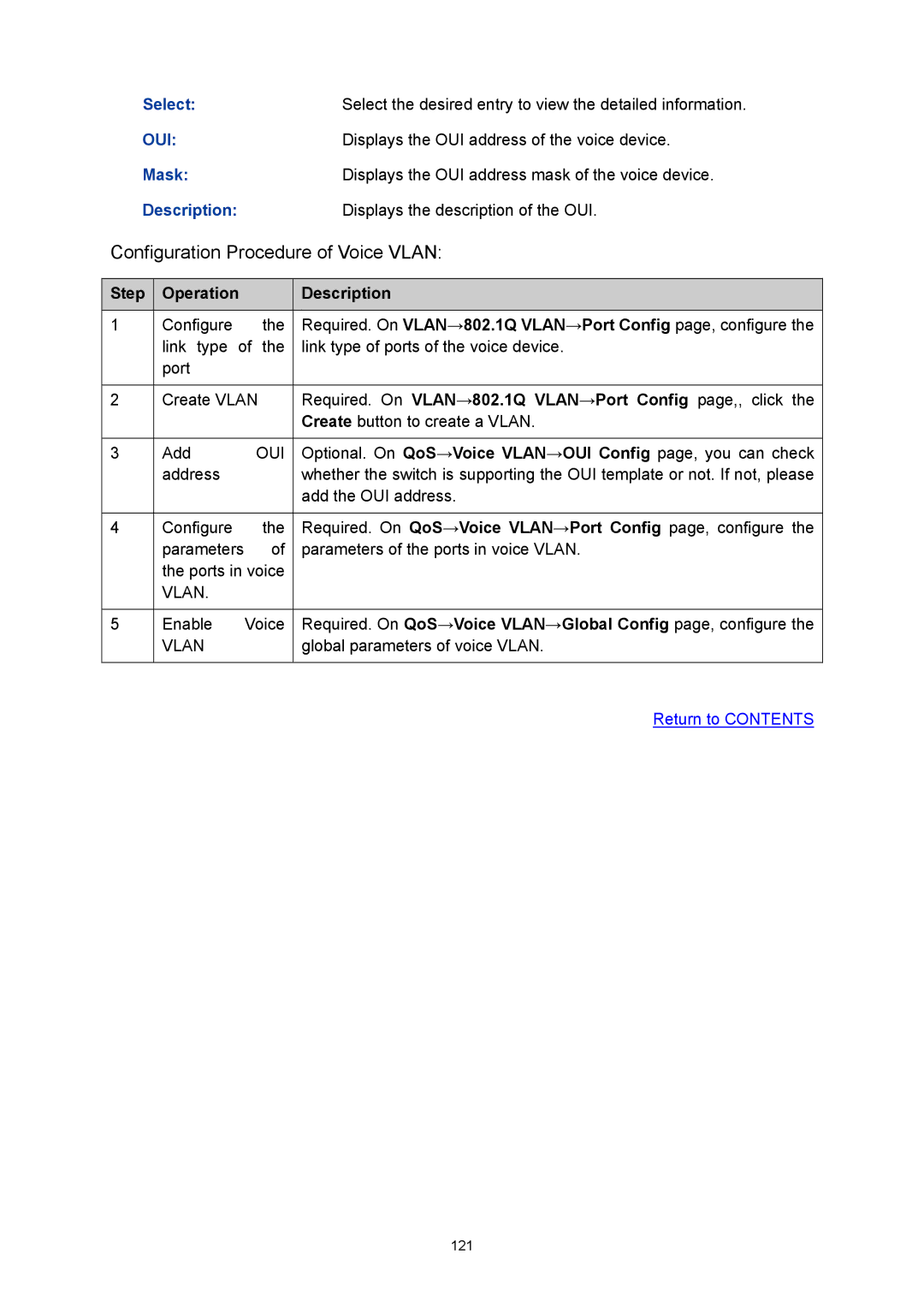 TP-Link TL-SG3216 manual Configuration Procedure of Voice Vlan, Displays the OUI address of the voice device 