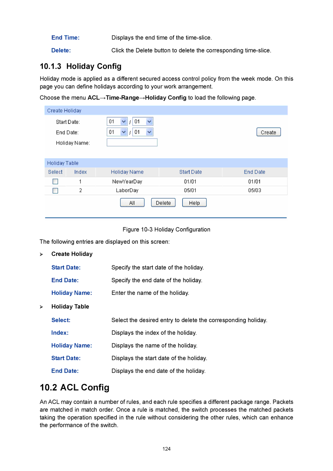 TP-Link TL-SG3216 manual ACL Config, Holiday Config, ¾ Create Holiday, ¾ Holiday Table 