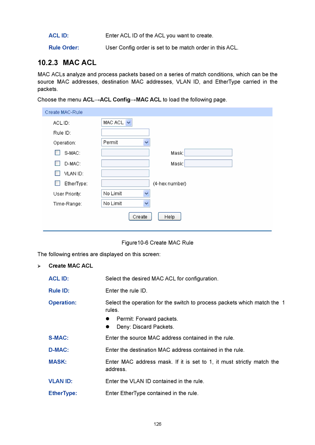 TP-Link TL-SG3216 manual Mac Acl, ¾ Create MAC ACL, Rule ID, EtherType 