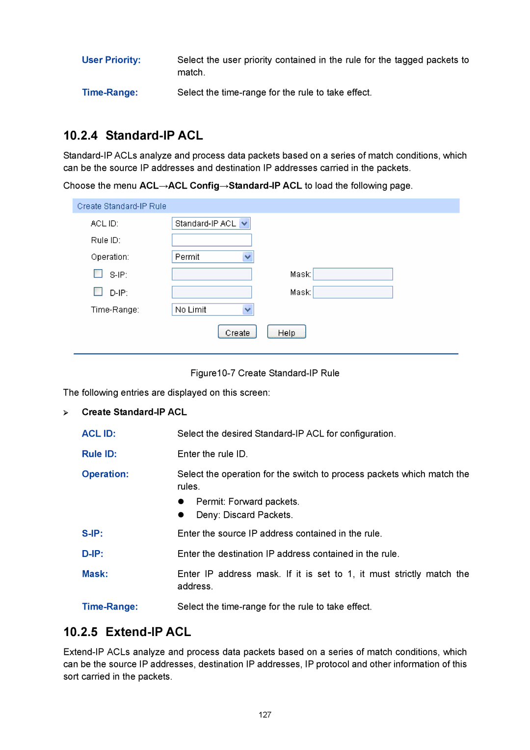 TP-Link TL-SG3216 manual Extend-IP ACL, ¾ Create Standard-IP ACL, Time-Range 