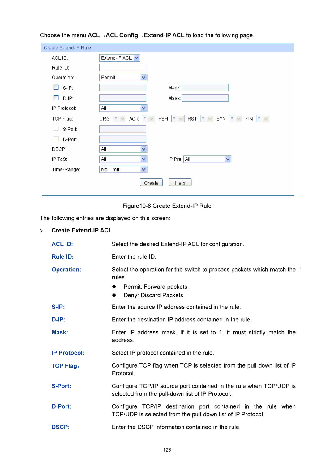 TP-Link TL-SG3216 manual ¾ Create Extend-IP ACL, IP Protocol, TCP Flag ： 