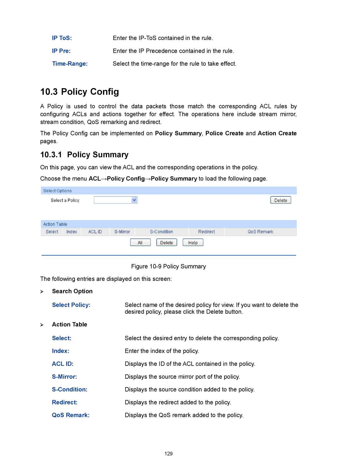 TP-Link TL-SG3216 manual Policy Config, Policy Summary 