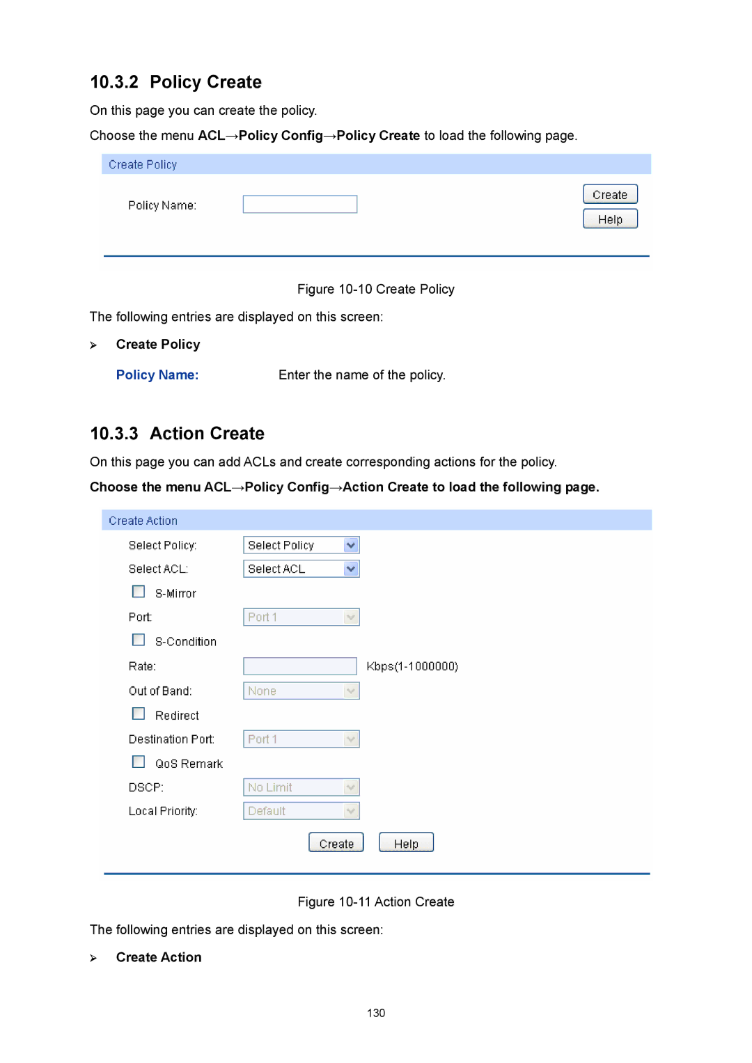 TP-Link TL-SG3216 manual Policy Create, Action Create, ¾ Create Policy, ¾ Create Action 