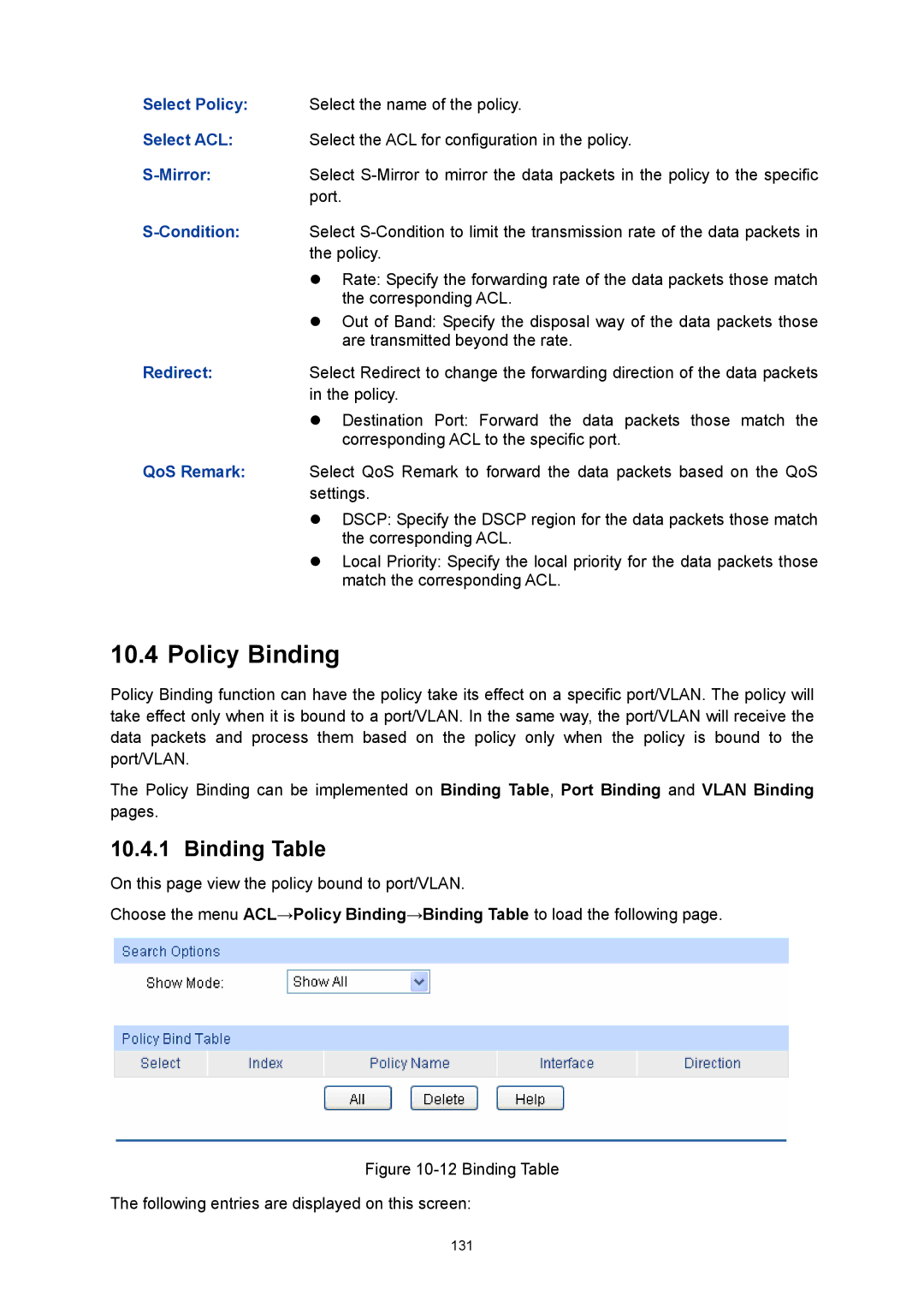 TP-Link TL-SG3216 manual Policy Binding, Binding Table 