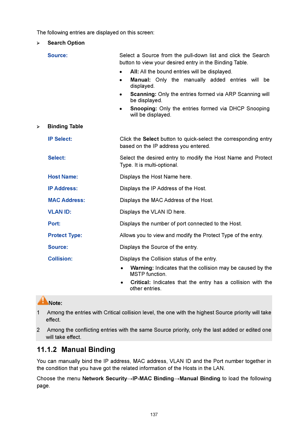 TP-Link TL-SG3216 manual Manual Binding 