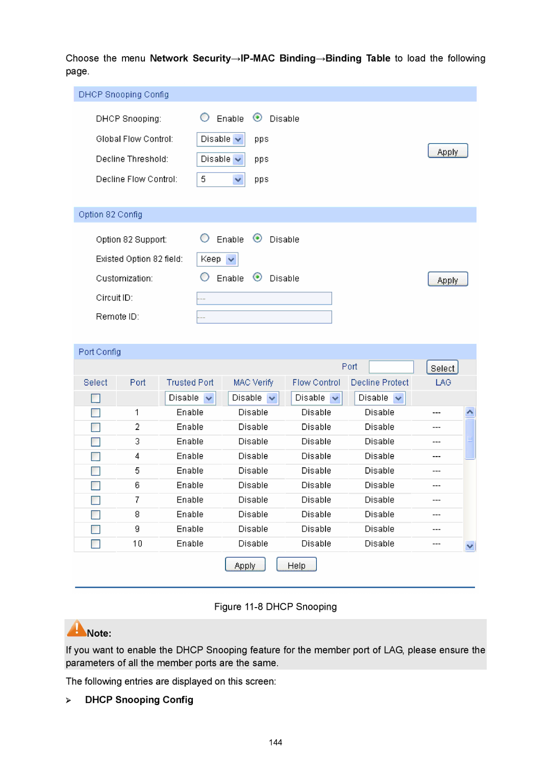 TP-Link TL-SG3216 manual ¾ Dhcp Snooping Config 