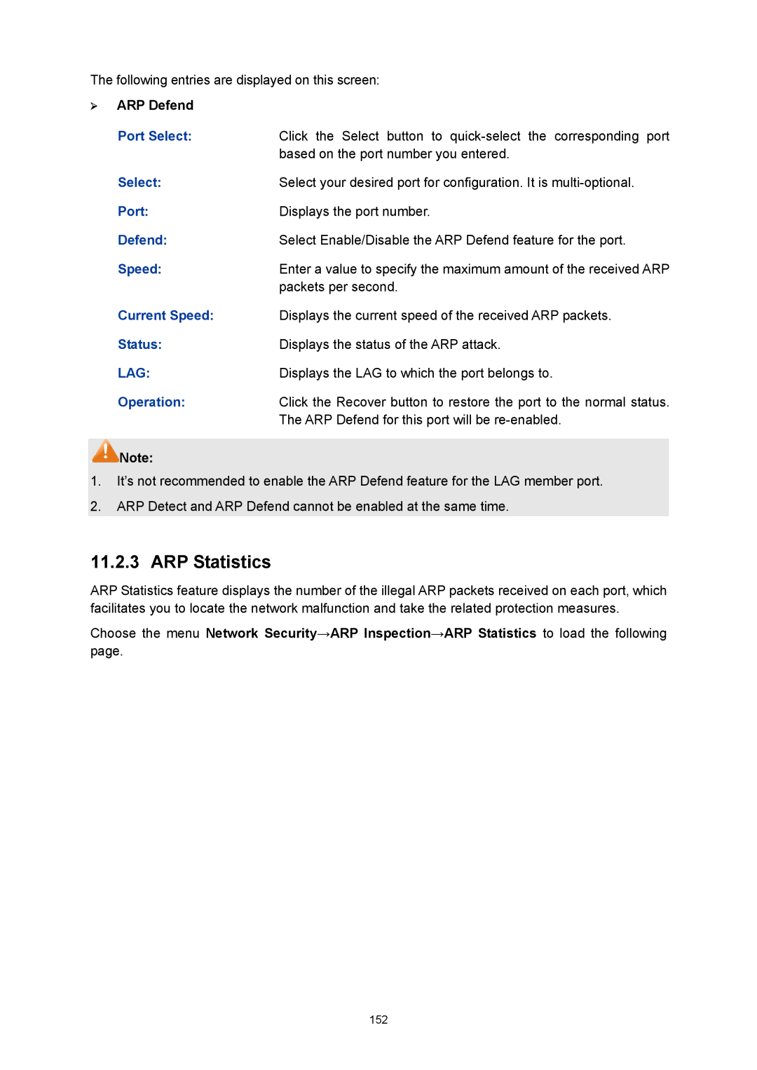 TP-Link TL-SG3216 manual ARP Statistics, ¾ ARP Defend, Current Speed 