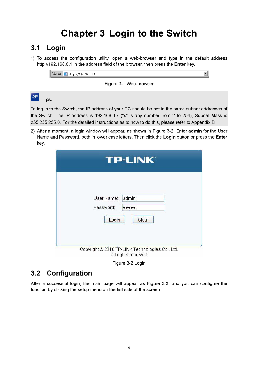 TP-Link TL-SG3216 manual Login to the Switch, Configuration 