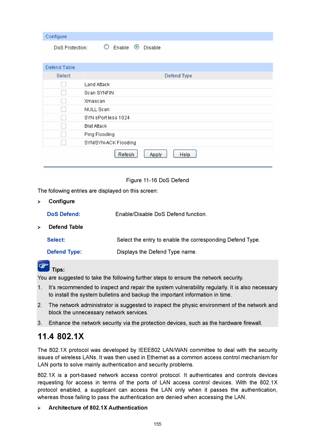 TP-Link TL-SG3216 manual 11.4, ¾ Configure, ¾ Defend Table, Defend Type Displays the Defend Type name 