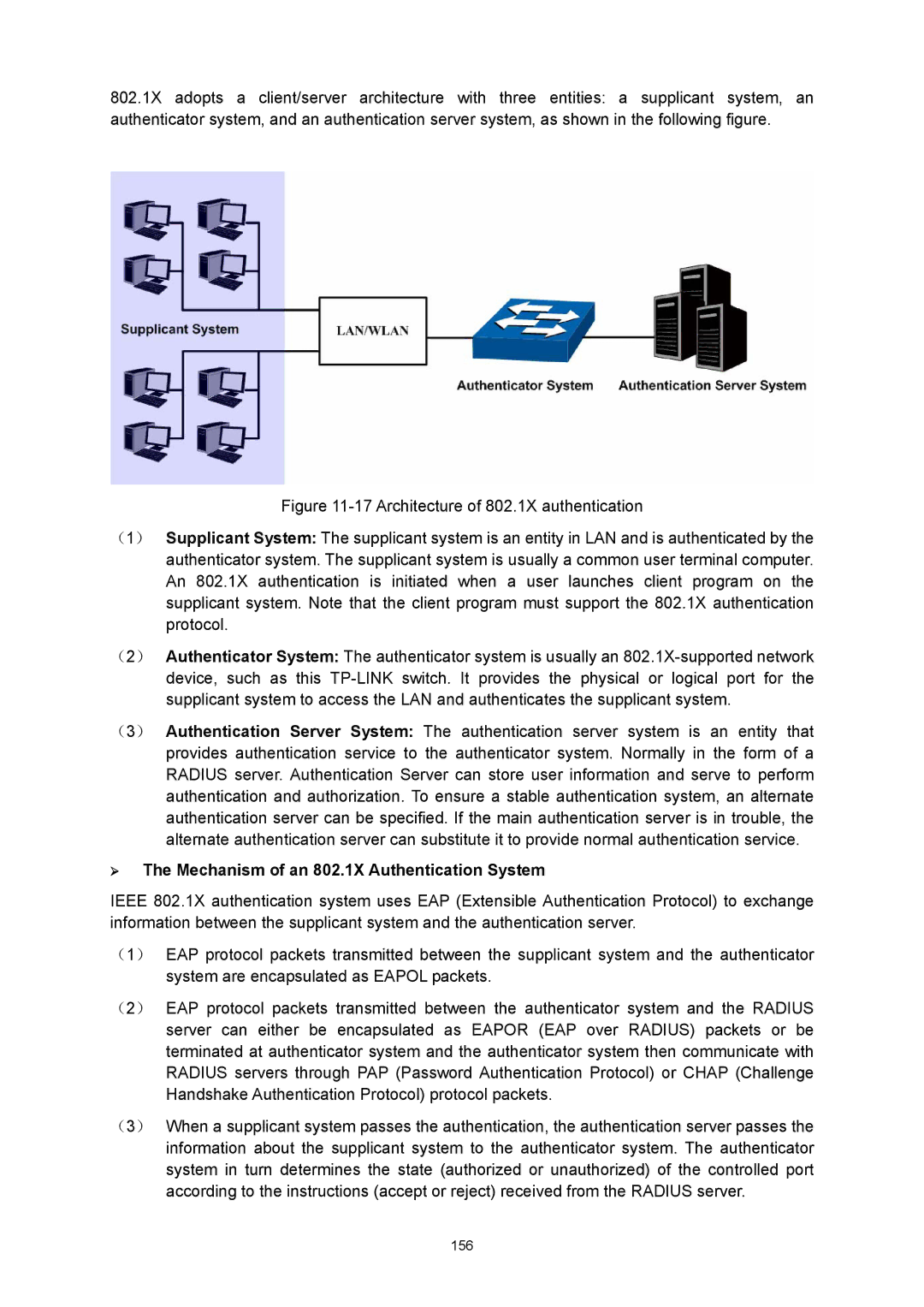 TP-Link TL-SG3216 manual ¾ The Mechanism of an 802.1X Authentication System 