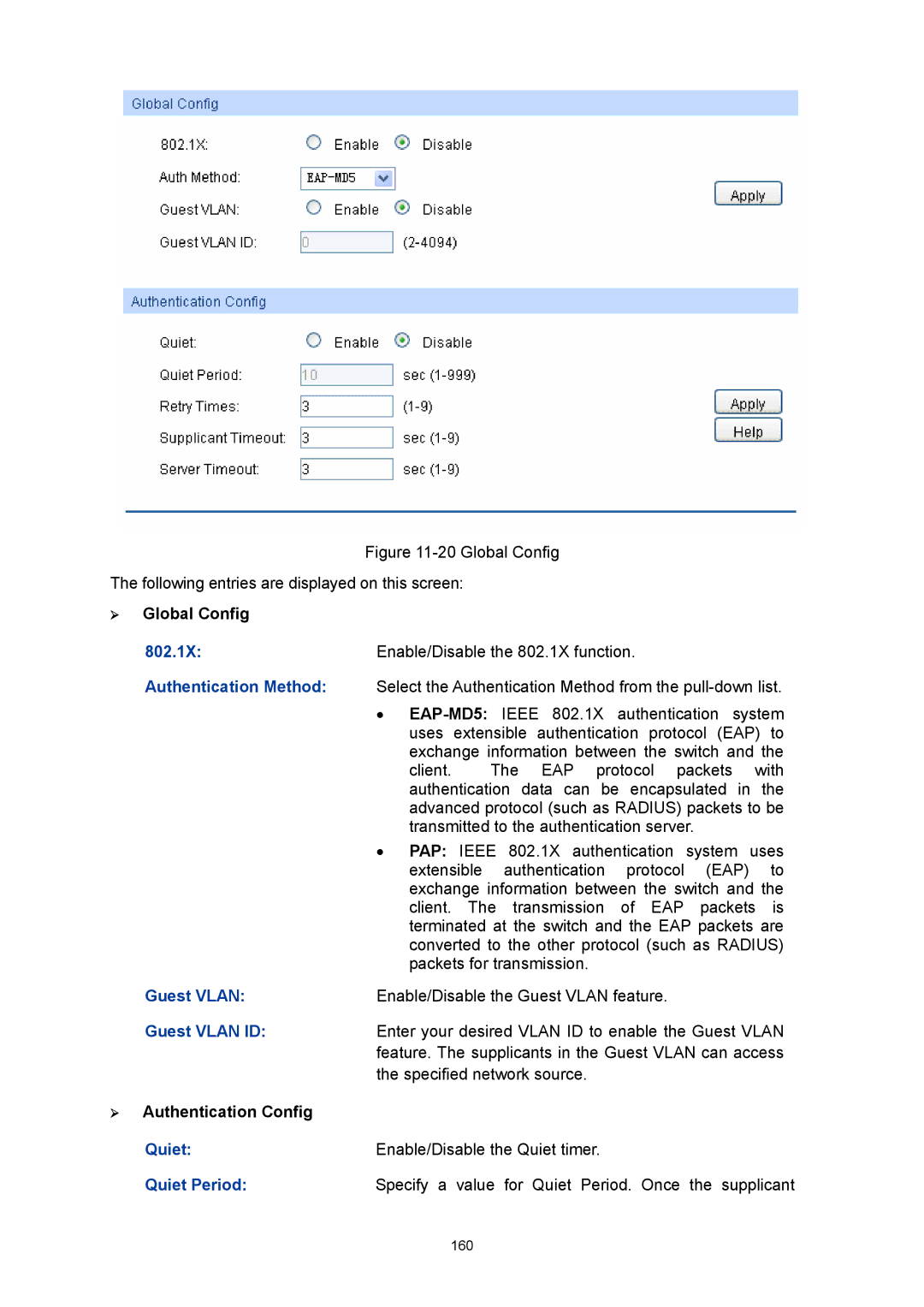 TP-Link TL-SG3216 manual 802.1X, Authentication Method, Guest Vlan ID, Quiet Period 