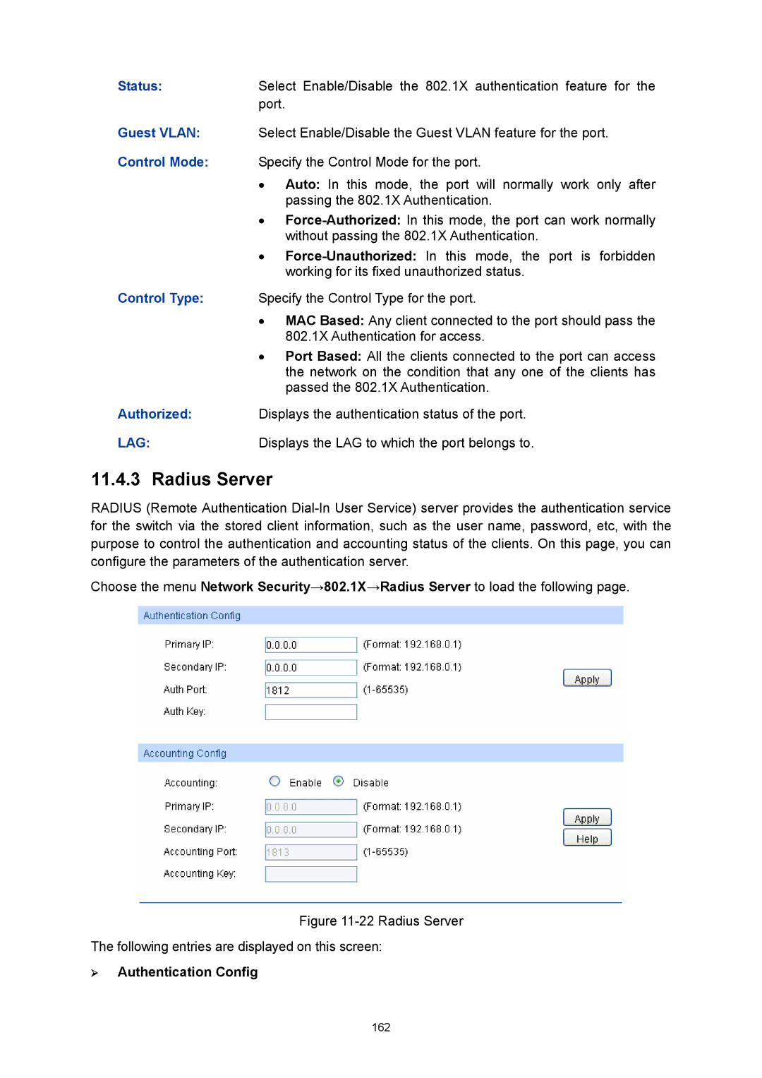 TP-Link TL-SG3216 manual Radius Server, Control Mode, Control Type, Authorized 