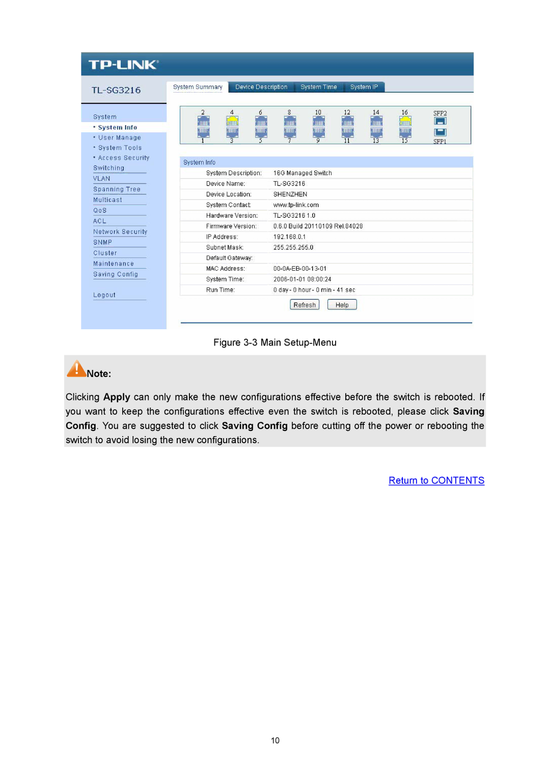 TP-Link TL-SG3216 manual Return to Contents 