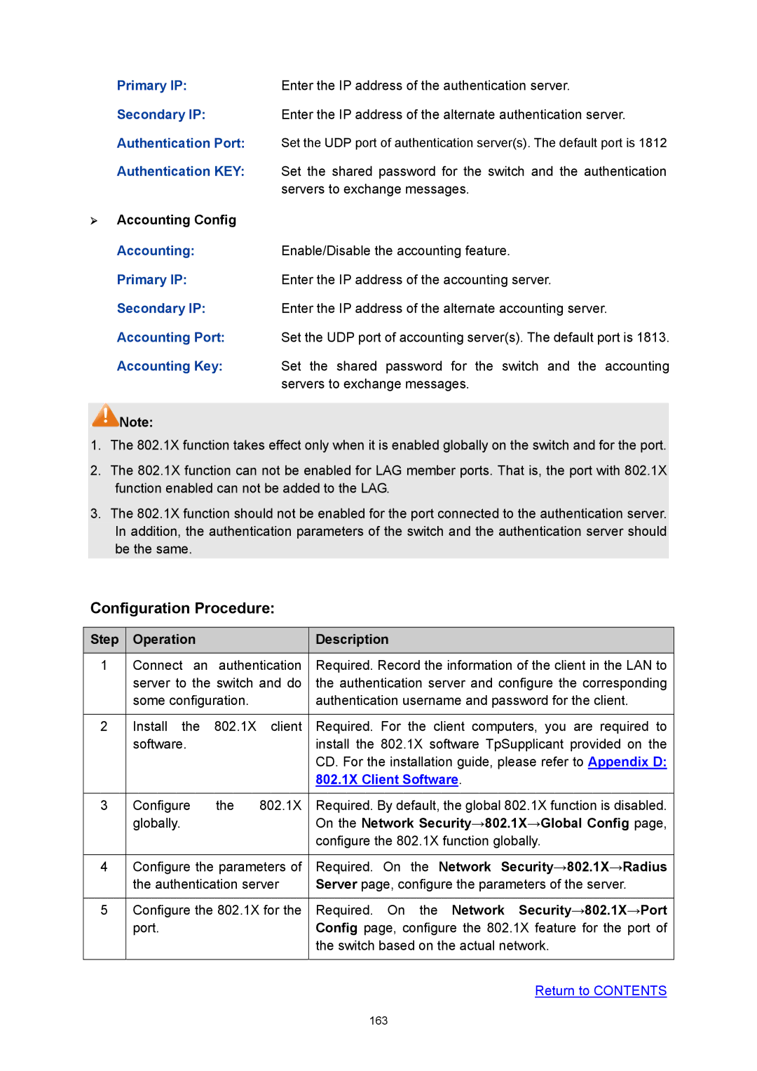 TP-Link TL-SG3216 manual On the Network Security→802.1X→Global Config, Required. On the Network Security→802.1X→Radius 