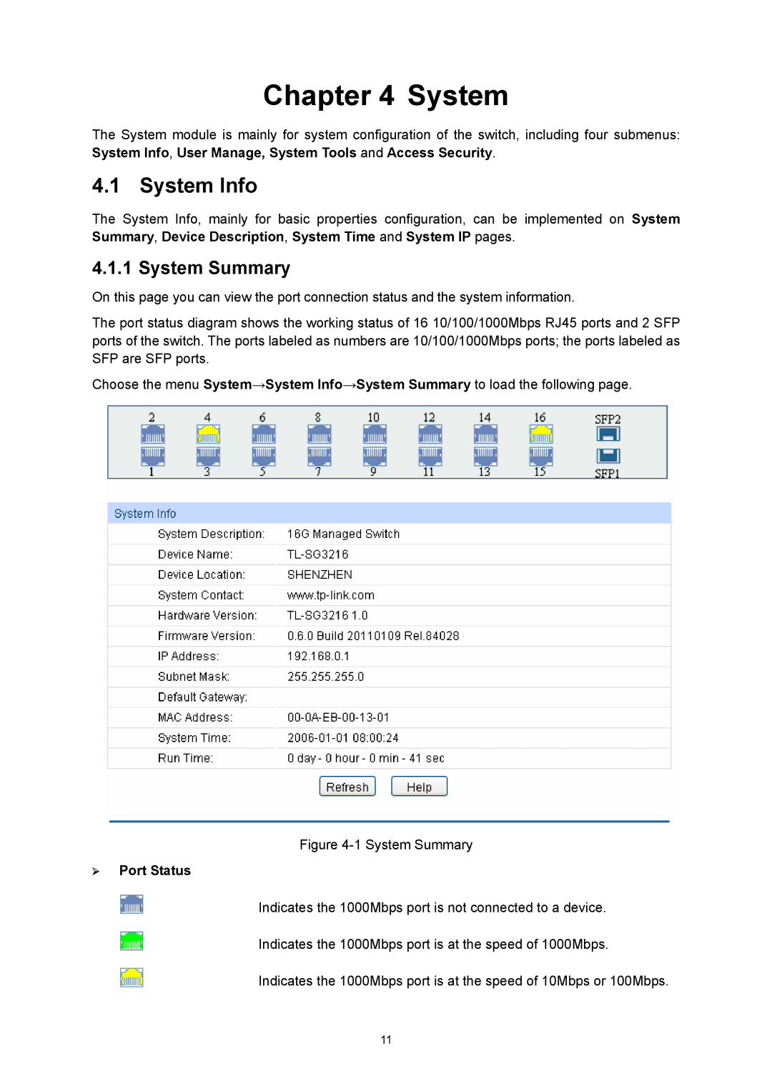 TP-Link TL-SG3216 manual System Info, System Summary, ¾ Port Status 