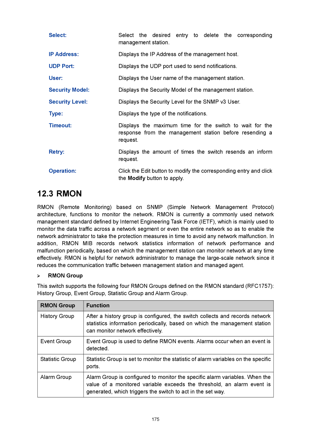 TP-Link TL-SG3216 manual ¾ Rmon Group, Rmon Group Function 