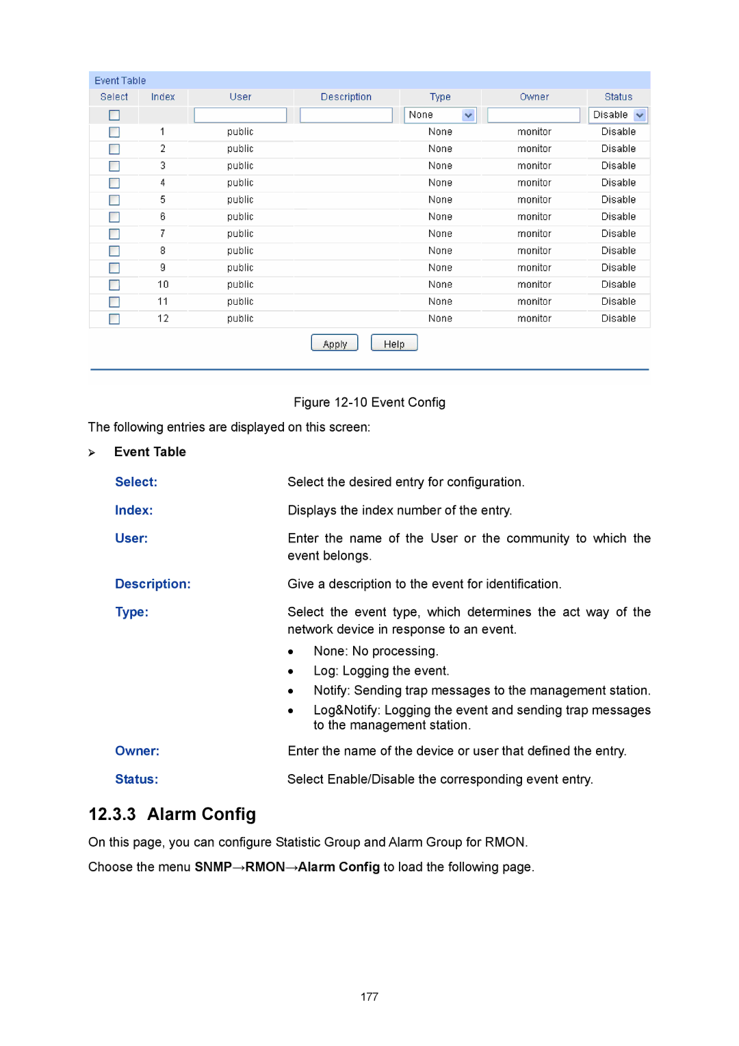 TP-Link TL-SG3216 manual Alarm Config, ¾ Event Table 