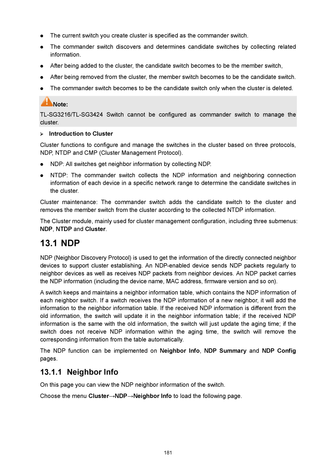 TP-Link TL-SG3216 manual 13.1 NDP, Neighbor Info, ¾ Introduction to Cluster 