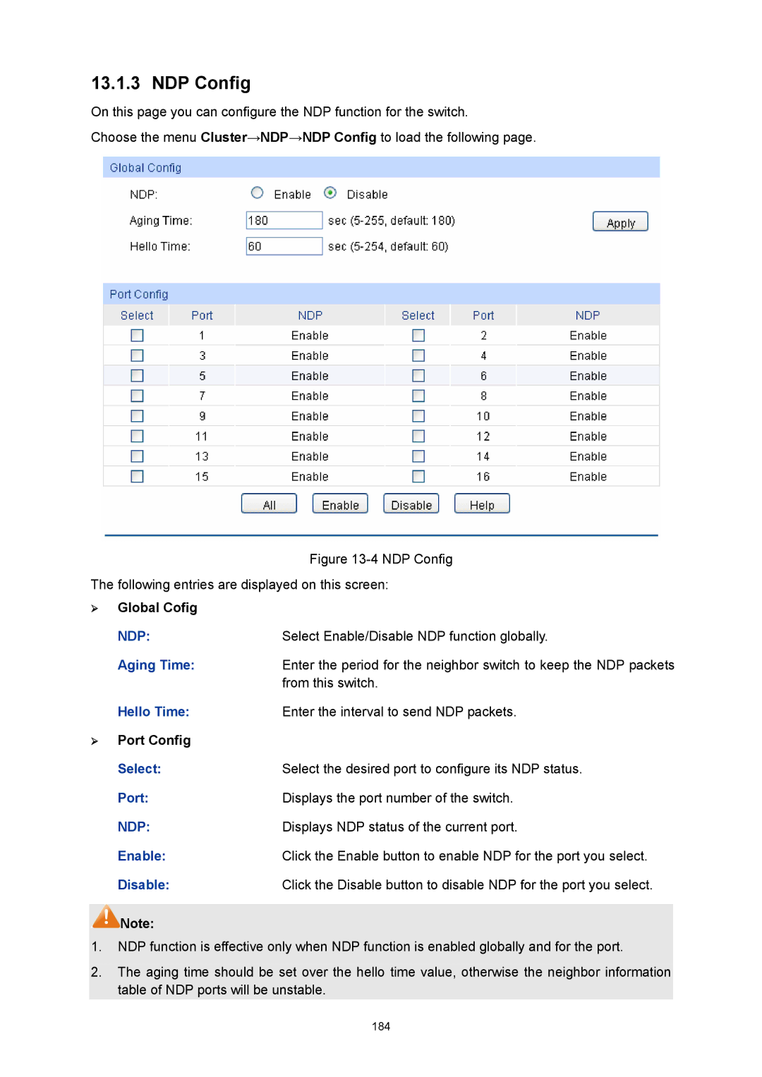 TP-Link TL-SG3216 manual NDP Config, ¾ Global Cofig, Aging Time, Enable, Disable 