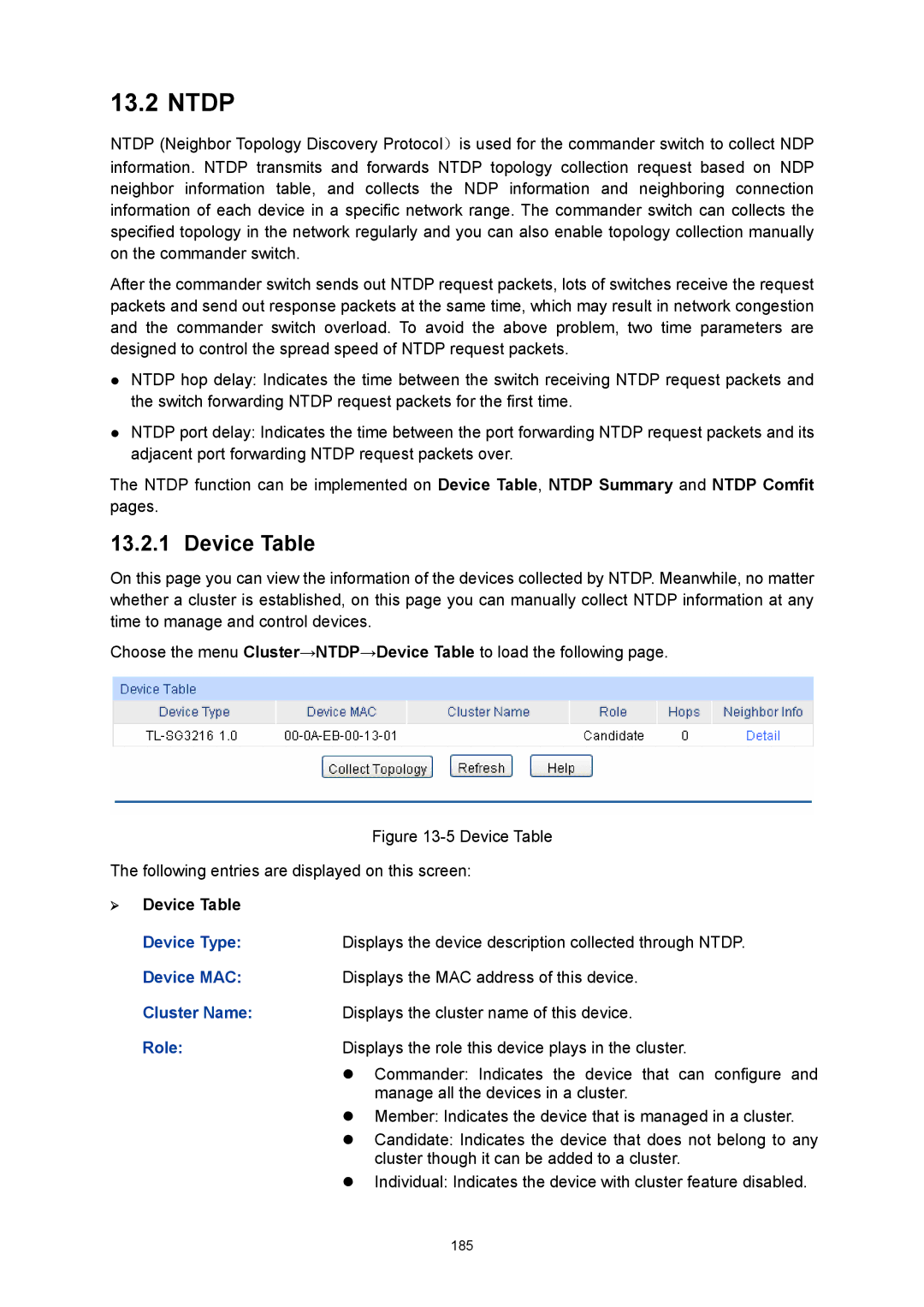 TP-Link TL-SG3216 manual Ntdp, Device Table, Device MAC, Cluster Name, Role 