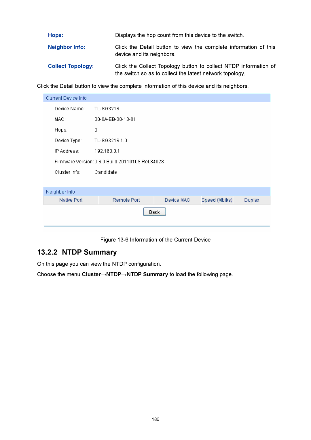 TP-Link TL-SG3216 manual Ntdp Summary, Hops, Neighbor Info, Collect Topology 