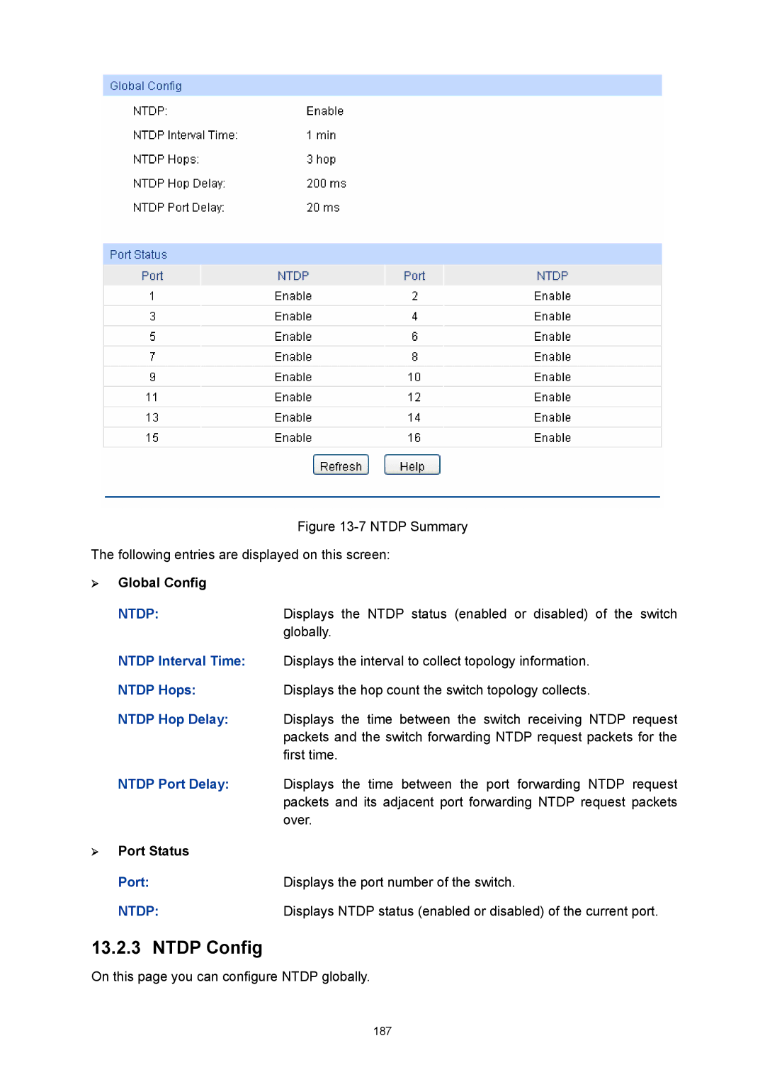 TP-Link TL-SG3216 manual Ntdp Config, Port Displays the port number of the switch 