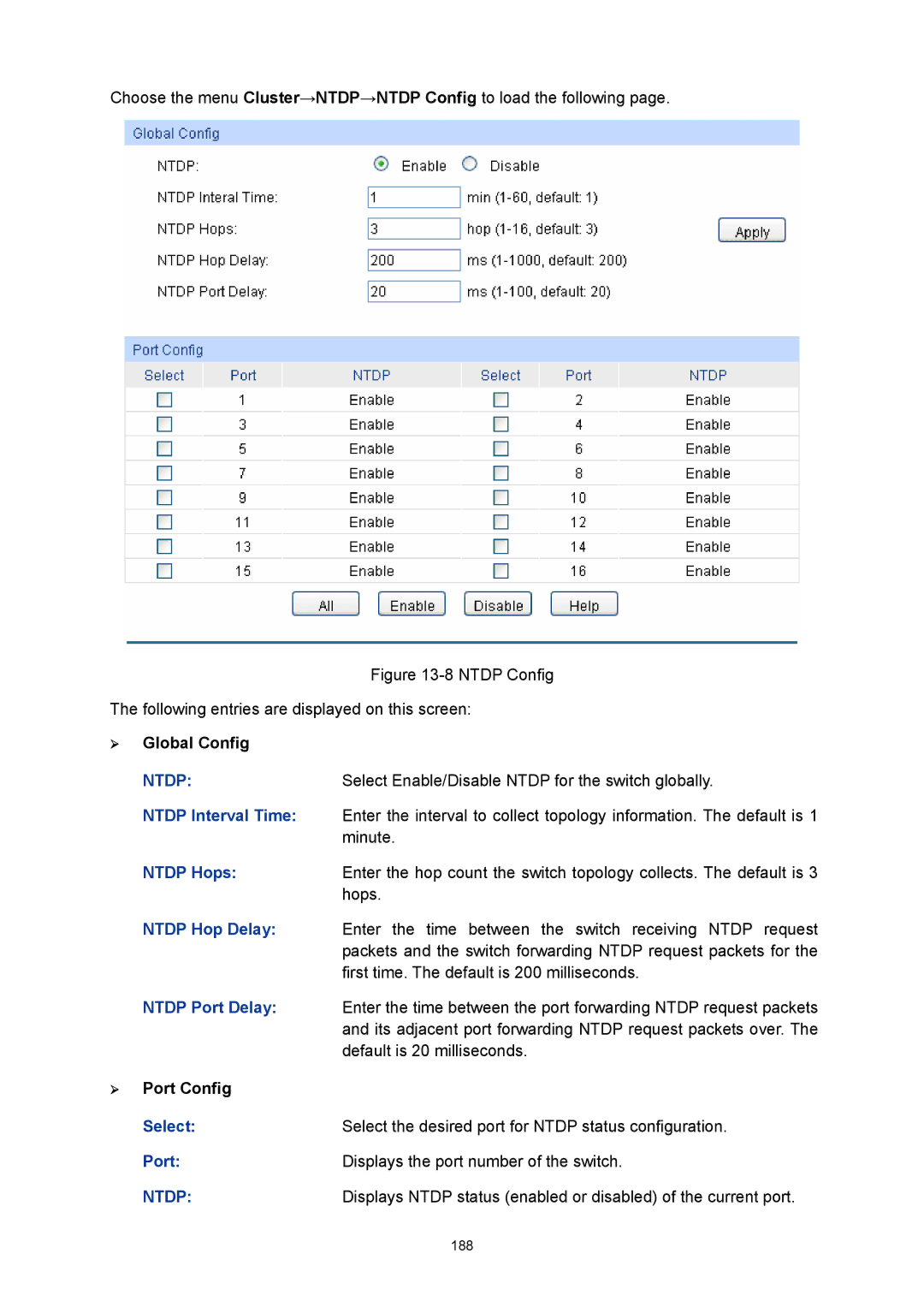 TP-Link TL-SG3216 manual Ntdp Interval Time, Ntdp Hops, Ntdp Hop Delay, Ntdp Port Delay 