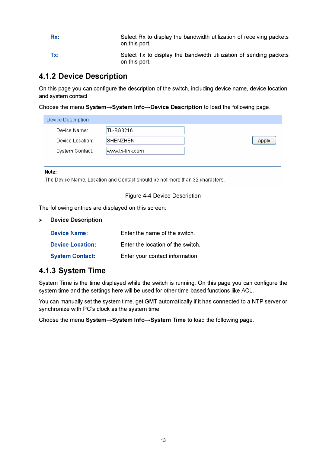 TP-Link TL-SG3216 manual System Time, ¾ Device Description 