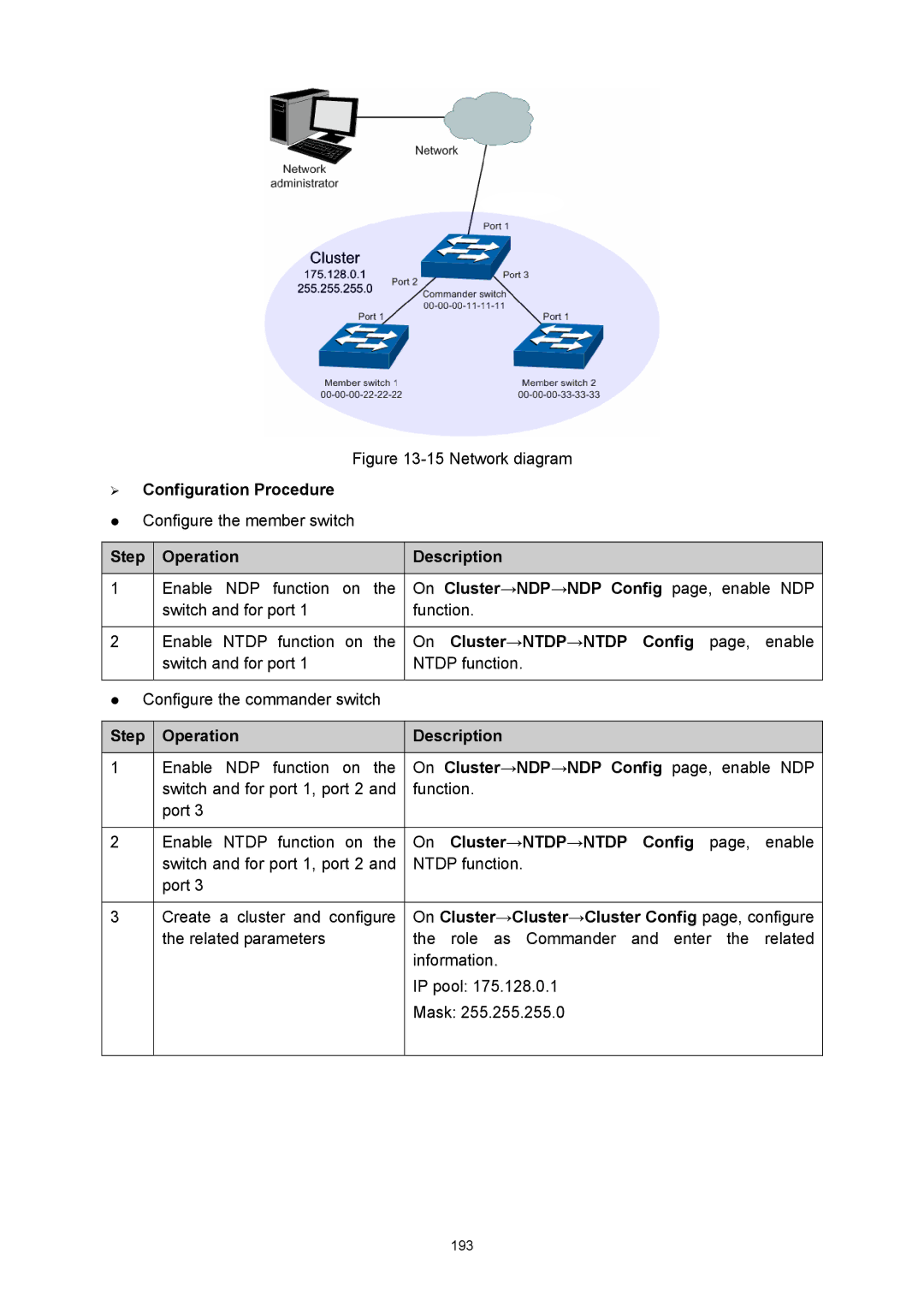 TP-Link TL-SG3216 manual On Cluster→NDP→NDP Config page, enable NDP, On Cluster→NTDP→NTDP Config page, enable 