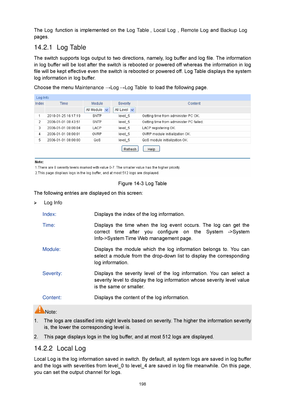 TP-Link TL-SG3216 manual Log Table, Local Log 