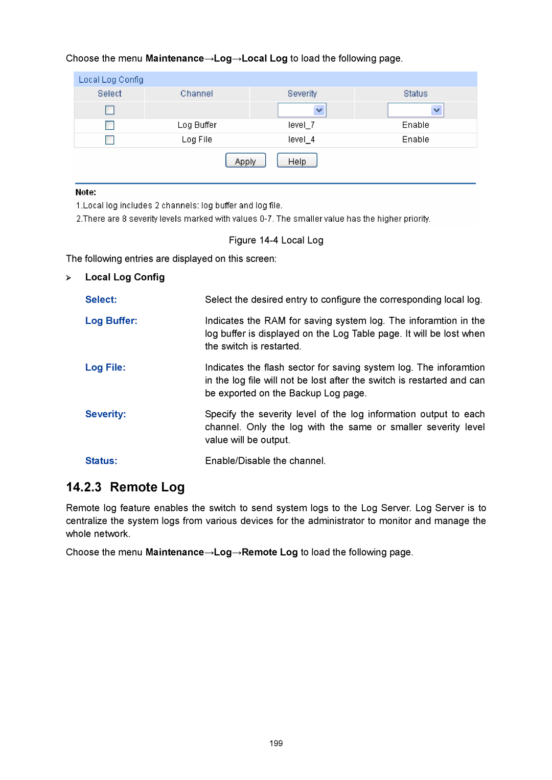 TP-Link TL-SG3216 manual Remote Log, ¾ Local Log Config, Log Buffer, Log File 