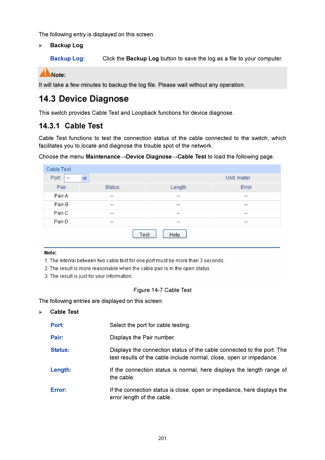 TP-Link TL-SG3216 manual Device Diagnose, Cable Test, Pair, Length, Error 