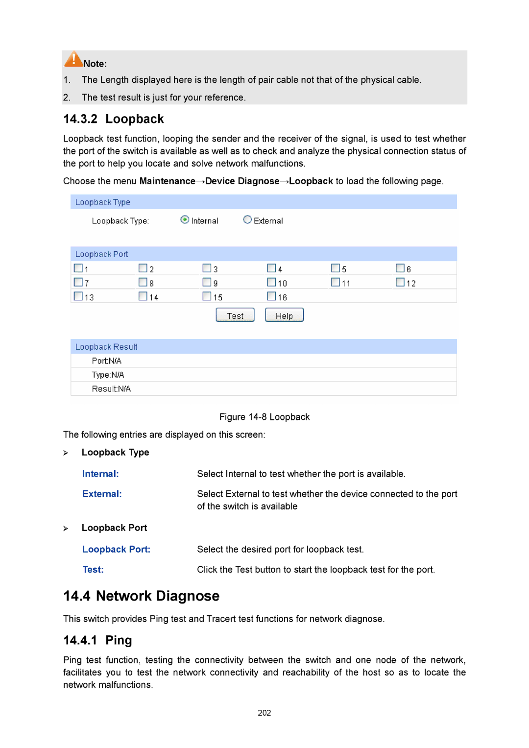 TP-Link TL-SG3216 manual Network Diagnose, Ping, ¾ Loopback Type, Switch is available 