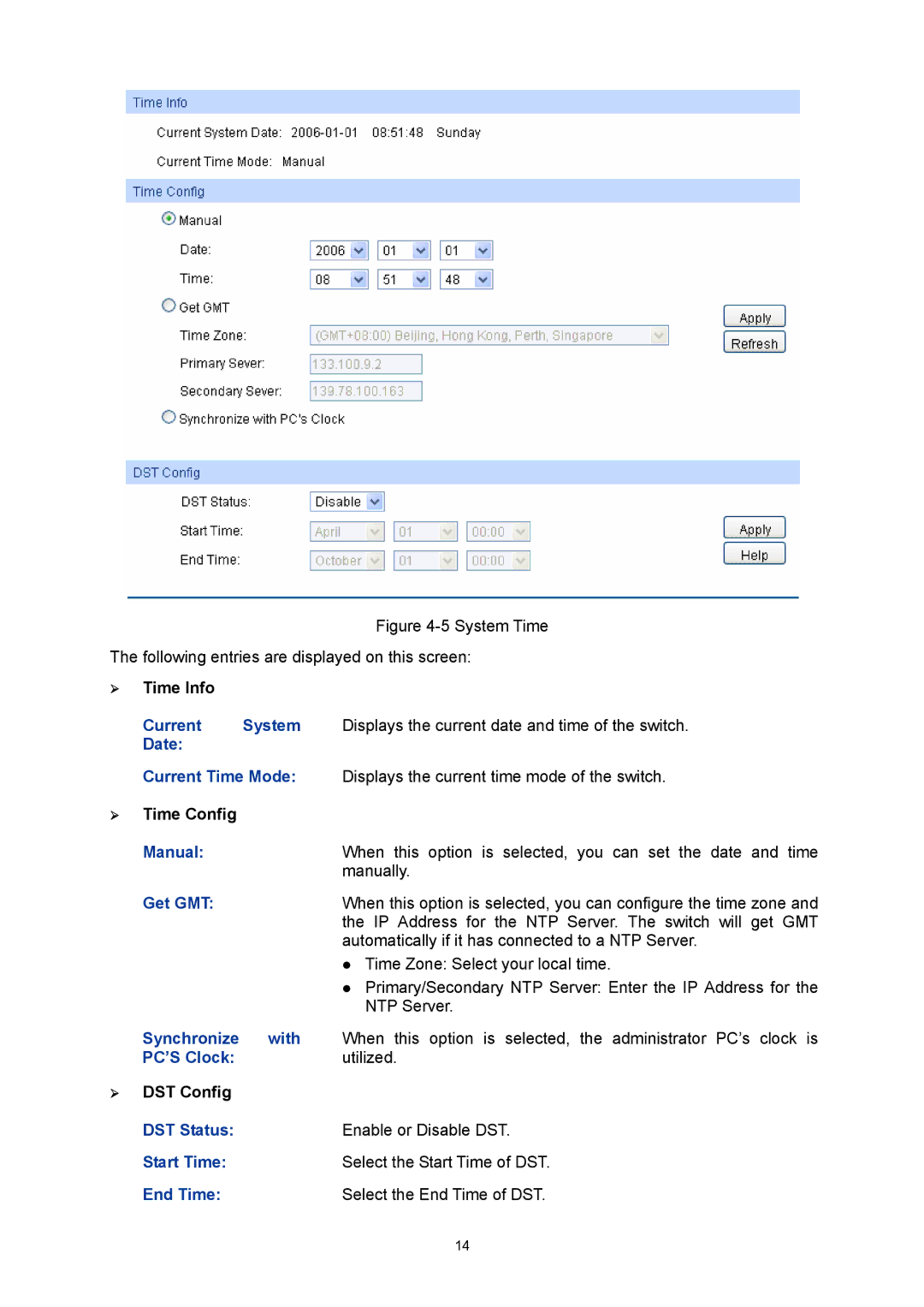 TP-Link TL-SG3216 manual Current System, Get GMT, Synchronize With, PC’S Clock, DST Status, Start Time, End Time 