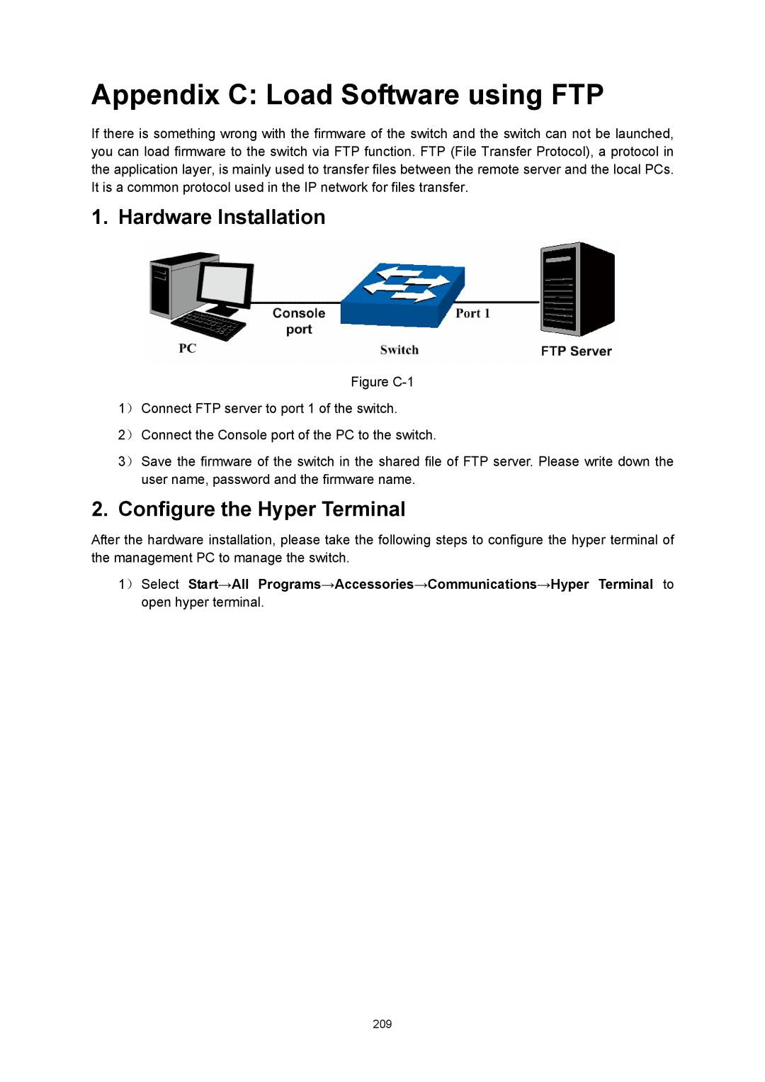 TP-Link TL-SG3216 manual Appendix C Load Software using FTP, Hardware Installation, Configure the Hyper Terminal 