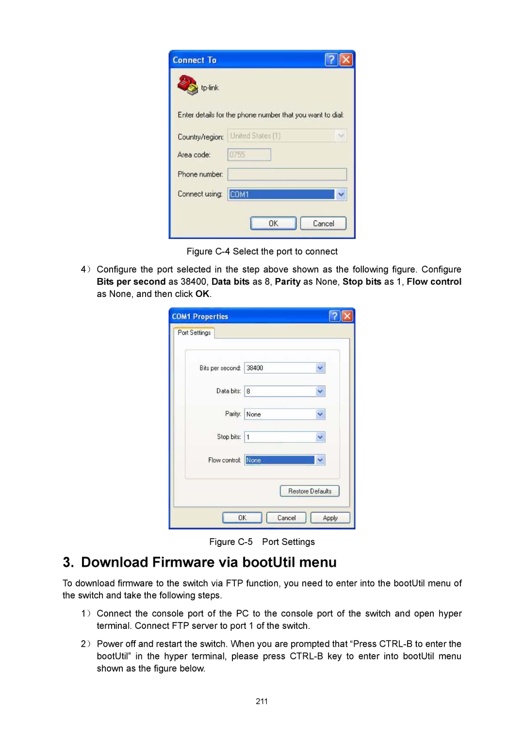 TP-Link TL-SG3216 manual Download Firmware via bootUtil menu, Figure C-5 Port Settings 