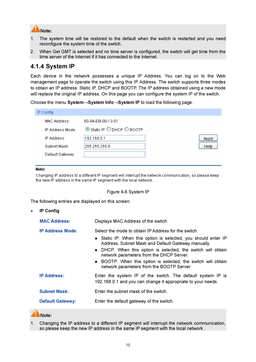 TP-Link TL-SG3216 manual System IP, ¾ IP Config 