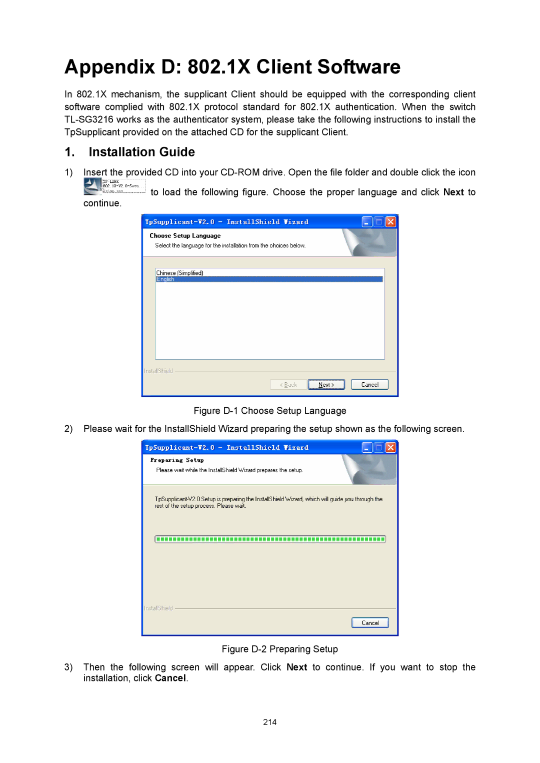 TP-Link TL-SG3216 manual Appendix D 802.1X Client Software, Installation Guide 