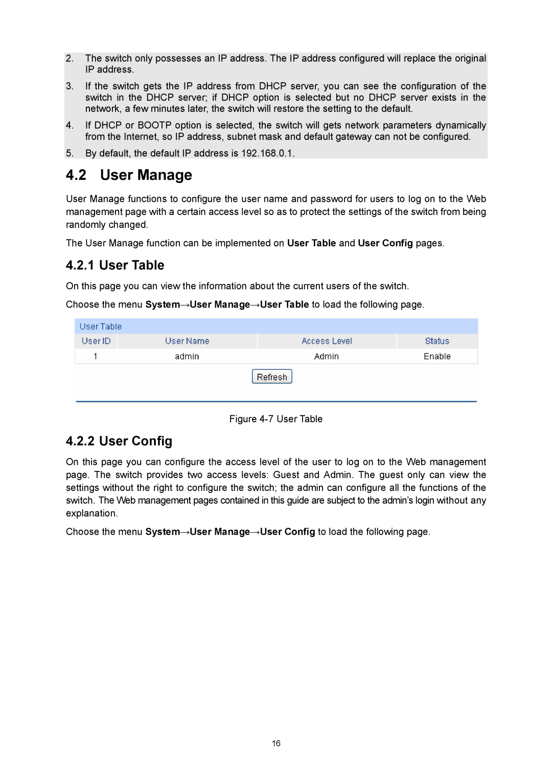 TP-Link TL-SG3216 manual User Manage, User Table, User Config 