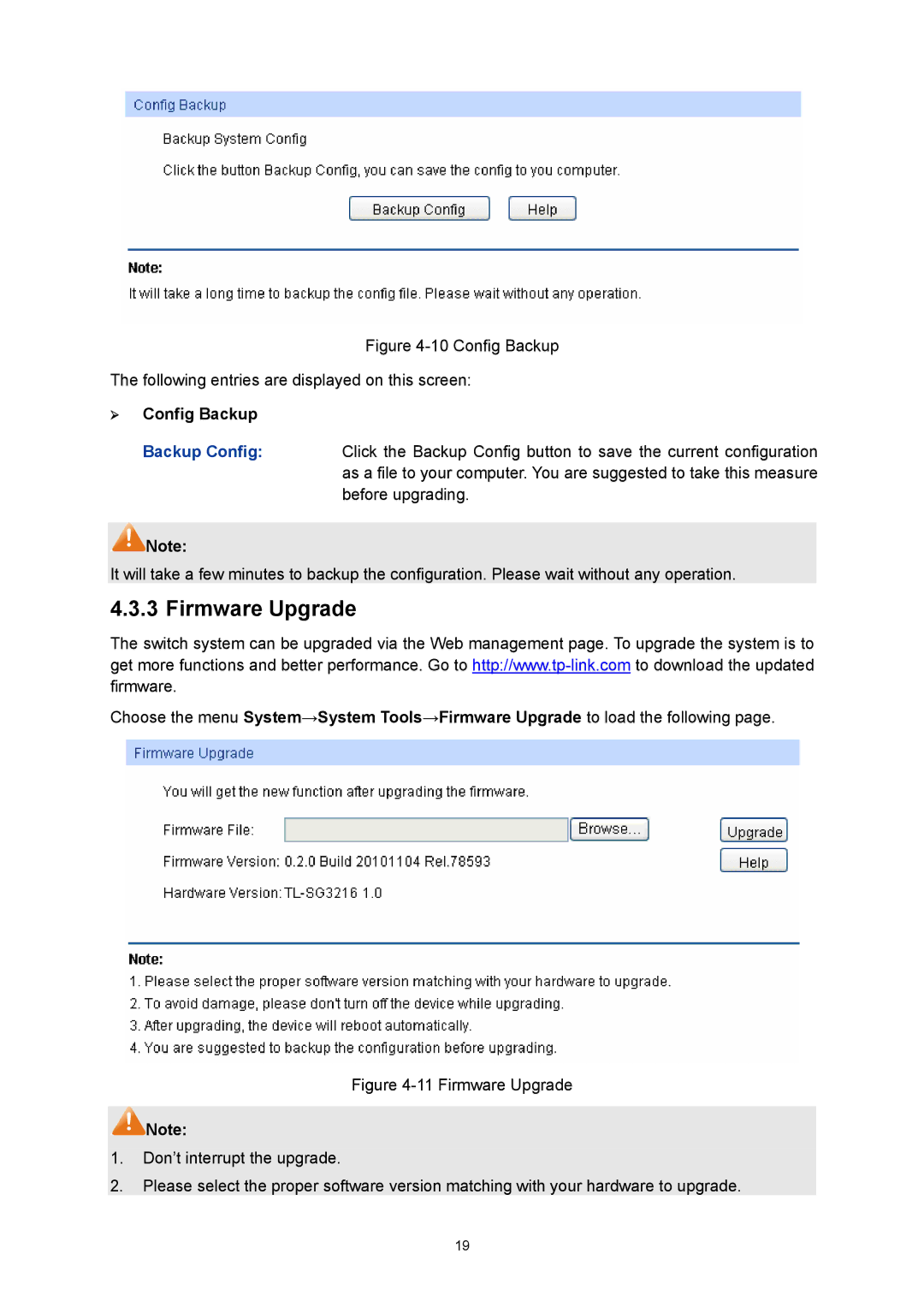 TP-Link TL-SG3216 manual Firmware Upgrade, ¾ Config Backup 