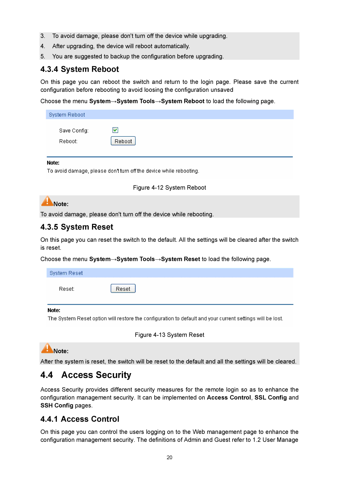 TP-Link TL-SG3216 manual Access Security, System Reboot, System Reset, Access Control 