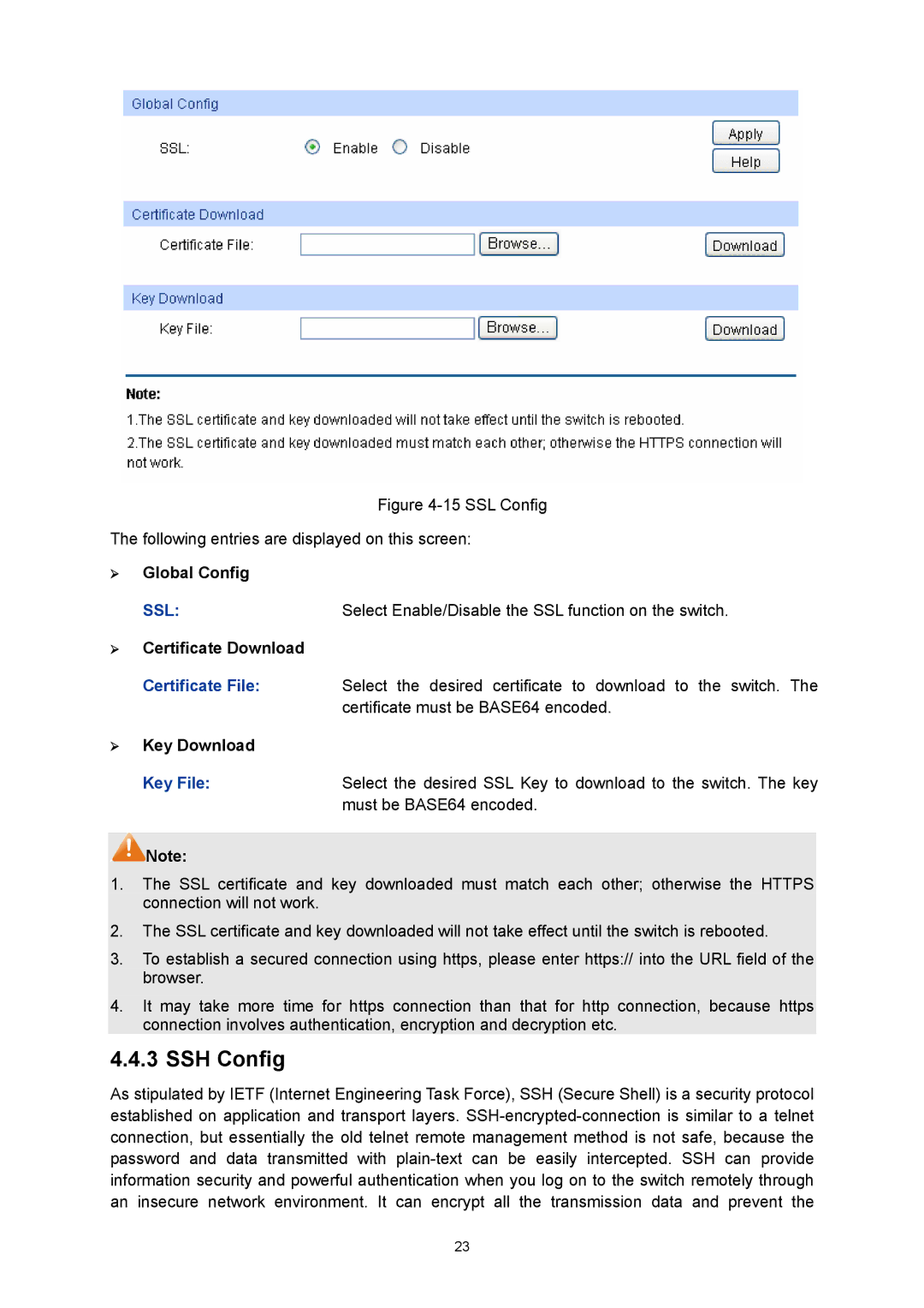 TP-Link TL-SG3216 manual SSH Config, ¾ Global Config, ¾ Certificate Download, ¾ Key Download, Key File 