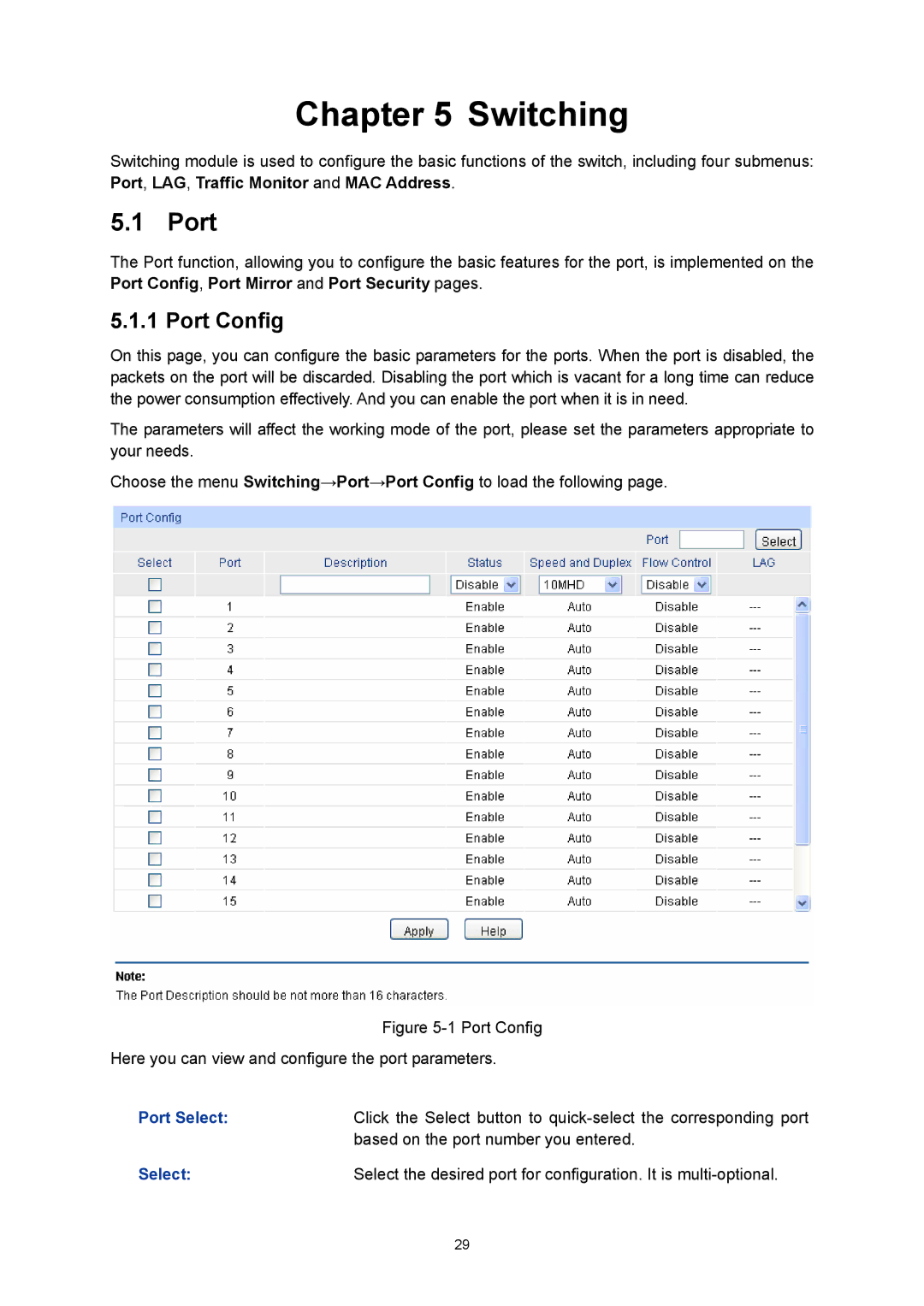 TP-Link TL-SG3216 manual Switching, Port Config, Port Select 