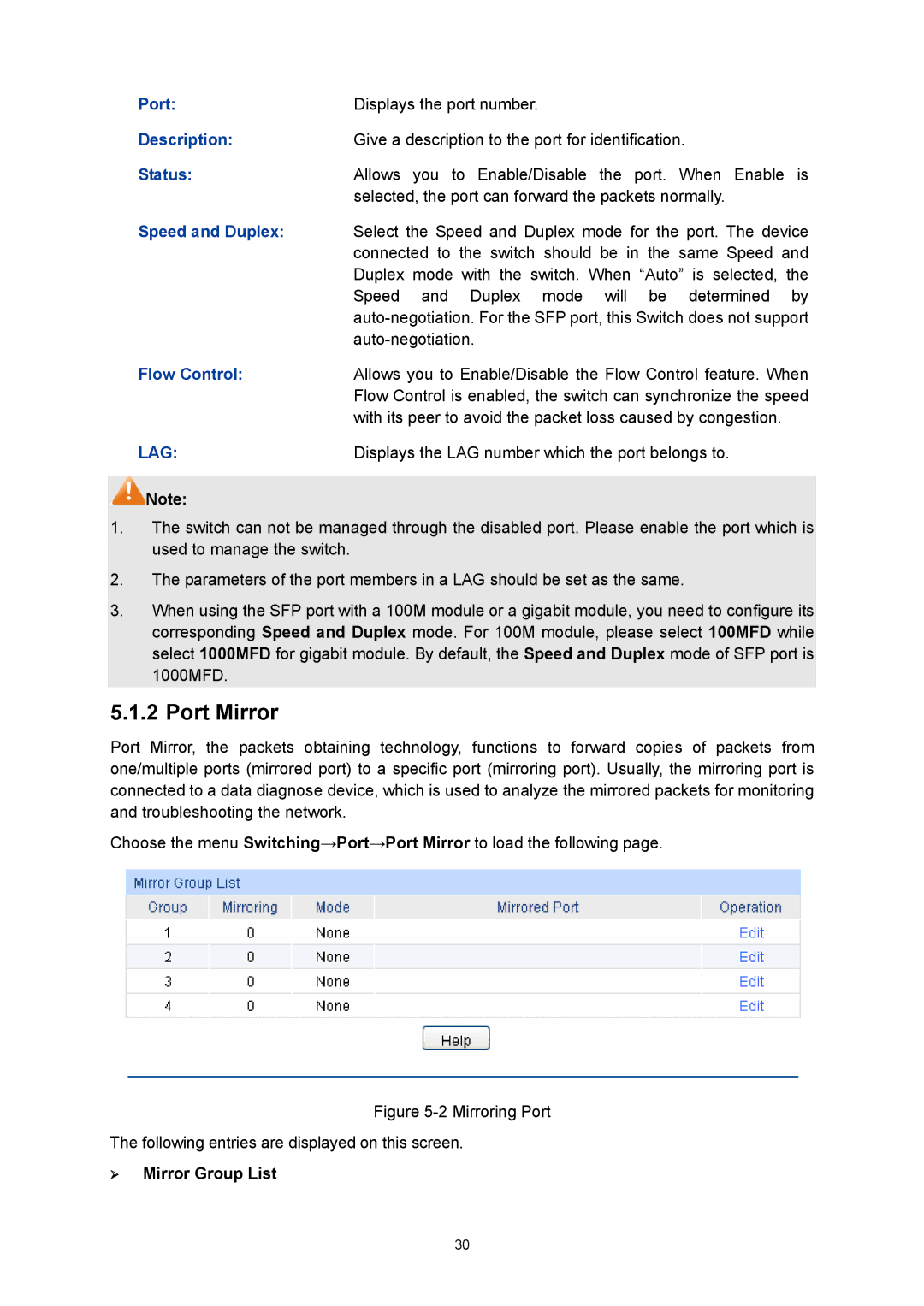 TP-Link TL-SG3216 manual Port Mirror, Description, Speed and Duplex, Flow Control, ¾ Mirror Group List 