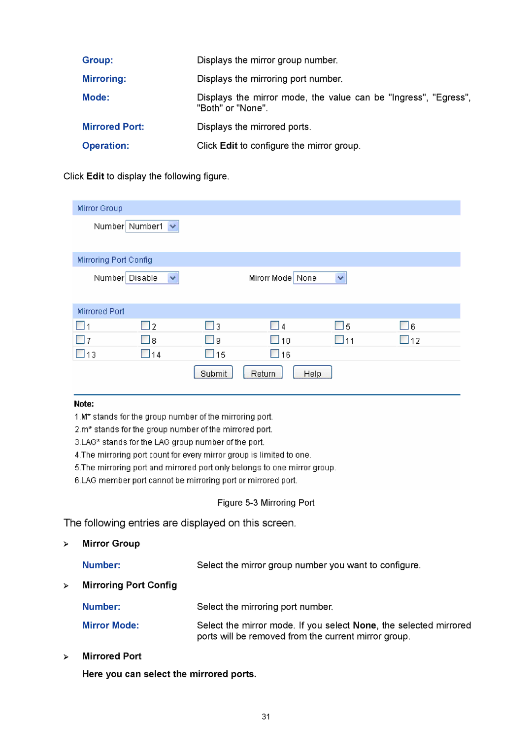 TP-Link TL-SG3216 manual Group, Mirroring, Mirrored Port, Number, Mirror Mode 