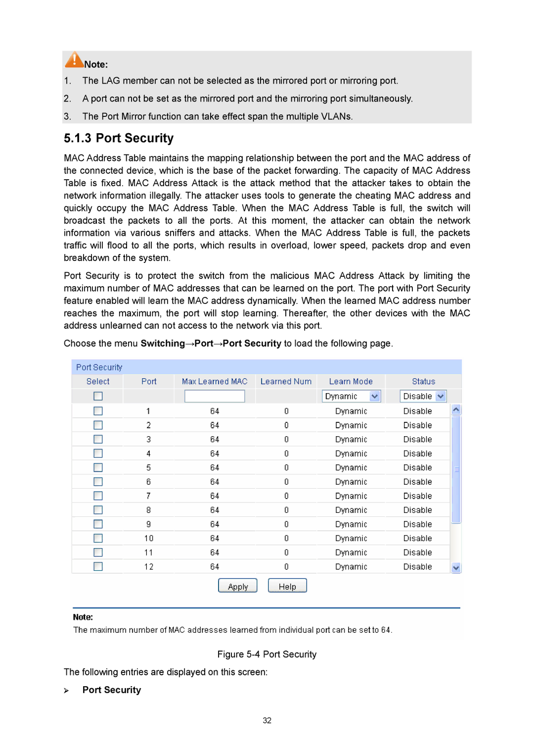 TP-Link TL-SG3216 manual ¾ Port Security 