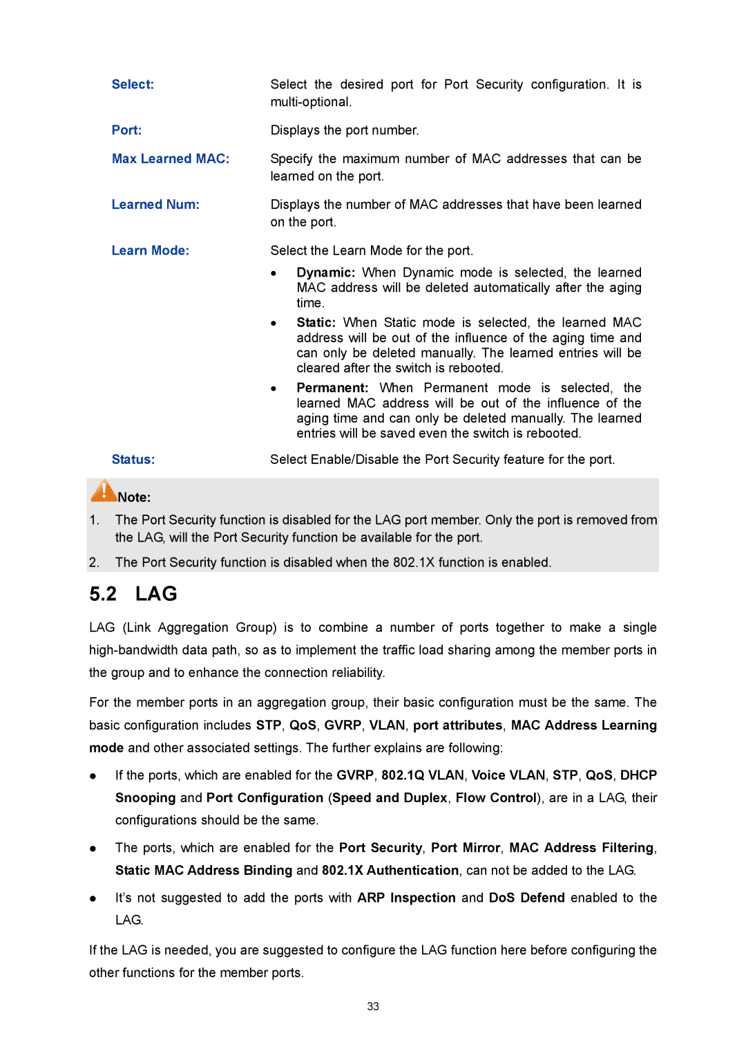 TP-Link TL-SG3216 manual Lag, Max Learned MAC, Learned Num 