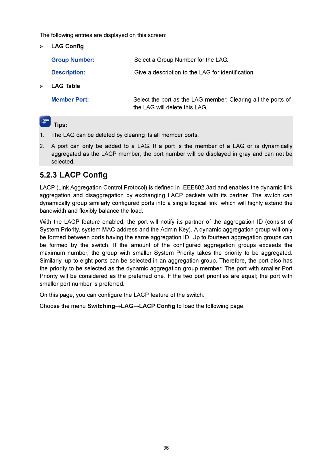 TP-Link TL-SG3216 manual Lacp Config, ¾ LAG Config, LAG will delete this LAG 